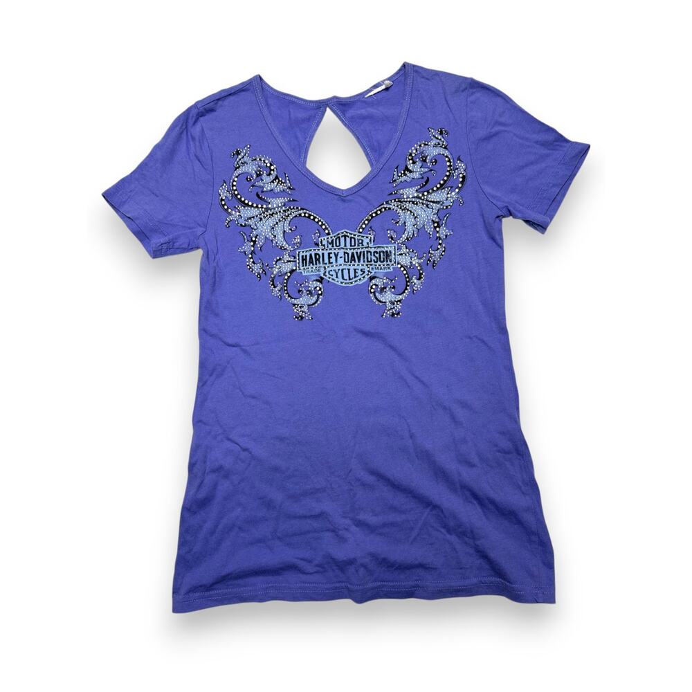 Harley Davidson Purple Embellished V-Neck T shirt Size Medium